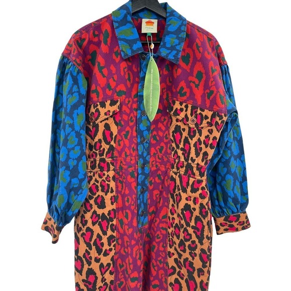 Farm Rio Small Mixed Leopard Pop Jumpsuit Coverall Size Small Cotton Denim Print - Picture 4 of 14